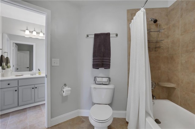 full bathroom featuring vanity, tile patterned floors, shower / bath combination with curtain, and toilet