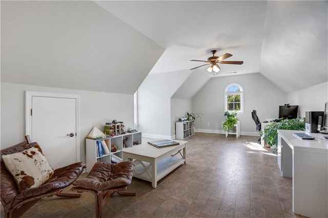 interior space with hardwood / wood-style flooring, vaulted ceiling, and ceiling fan