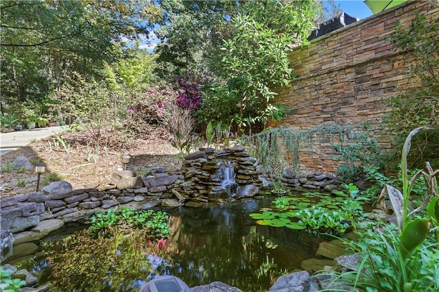 view of yard with a garden pond