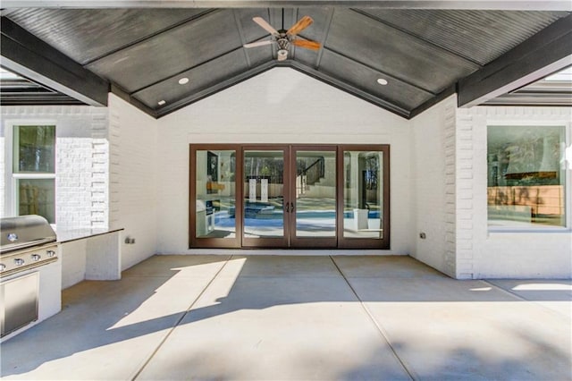 view of patio / terrace featuring ceiling fan, area for grilling, grilling area, and french doors