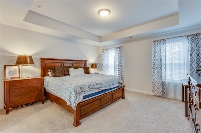 bedroom featuring a raised ceiling and light carpet