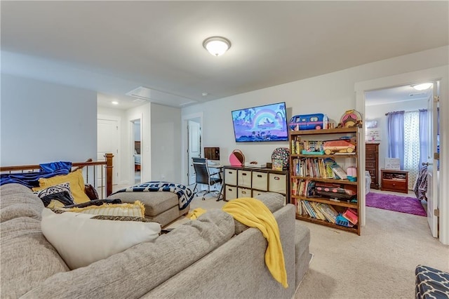 living room featuring light colored carpet