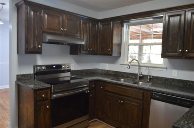 kitchen with dark stone countertops, sink, dark brown cabinetry, and appliances with stainless steel finishes