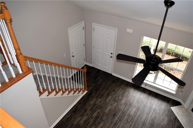 253 Woodland Way, Canton, GA 30114 - stairway with baseboards, ceiling fan, and wood finished floors