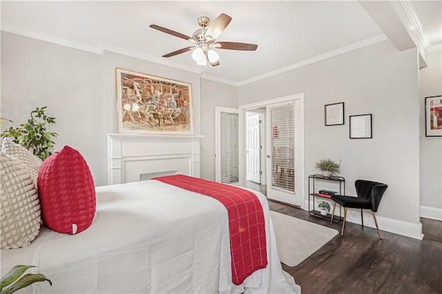 bedroom with a ceiling fan, access to outside, wood finished floors, crown molding, and baseboards