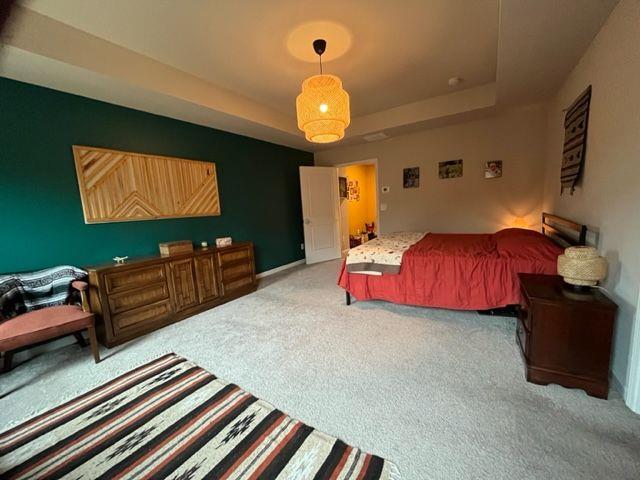 carpeted bedroom featuring a raised ceiling