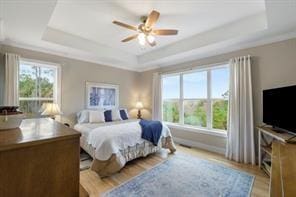 bedroom featuring light wood-type flooring, a tray ceiling, and ceiling fan