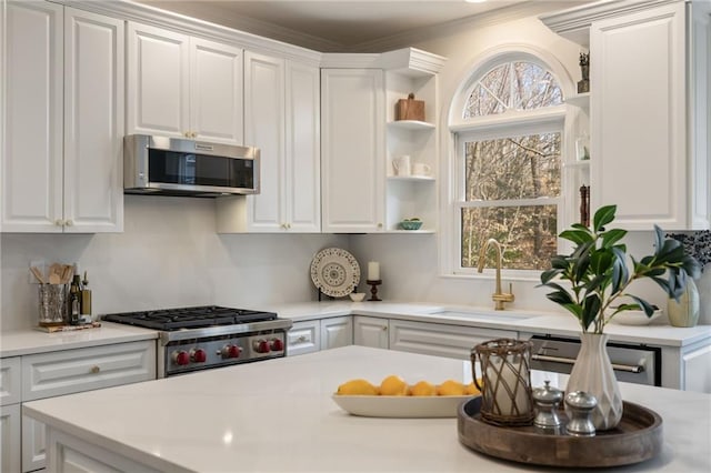 kitchen with open shelves, white cabinets, stainless steel appliances, and a sink