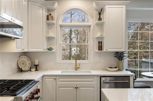 kitchen with white cabinets, stainless steel appliances, open shelves, and a sink