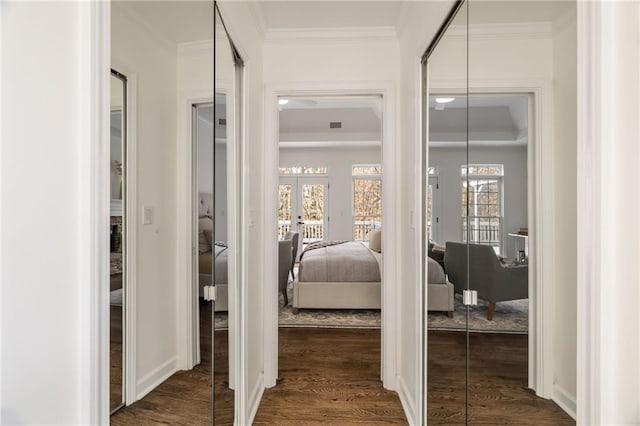 hallway featuring baseboards, french doors, dark wood-style flooring, and crown molding