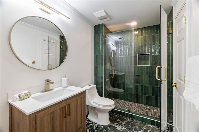 full bath featuring marble finish floor, crown molding, toilet, a shower stall, and vanity