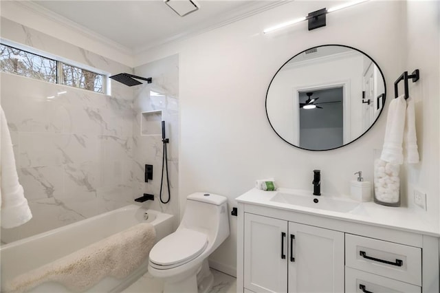 full bath with bathing tub / shower combination, toilet, ornamental molding, marble finish floor, and vanity