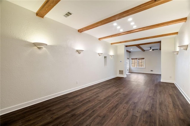 unfurnished living room featuring dark wood-type flooring, beamed ceiling, visible vents, and baseboards