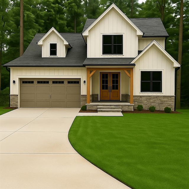 3040 Cypress Cv, Ball Ground, GA 30107 - view of front of house featuring board and batten siding, french doors, stone siding, and concrete driveway