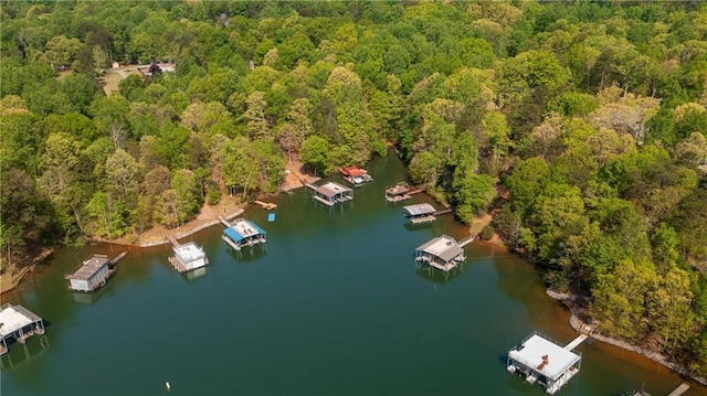 aerial view featuring a water view and a forest view