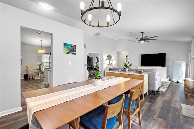1208 Brandl Dr SW, Marietta, GA 30008 - dining area with a chandelier, a ceiling fan, vaulted ceiling, dark wood finished floors, and baseboards