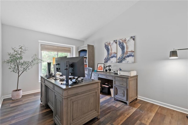 1208 Brandl Dr SW, Marietta, GA 30008 - office area featuring baseboards, dark wood-style flooring, and lofted ceiling