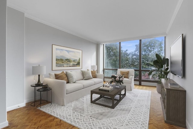 living room featuring parquet floors, floor to ceiling windows, and crown molding