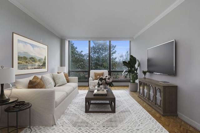 living room featuring crown molding, parquet floors, and a wall of windows