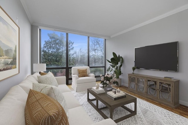 living room featuring crown molding and a wall of windows