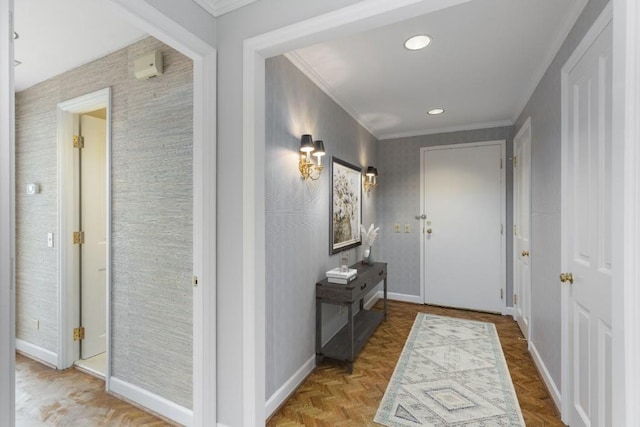 hallway with crown molding and parquet flooring