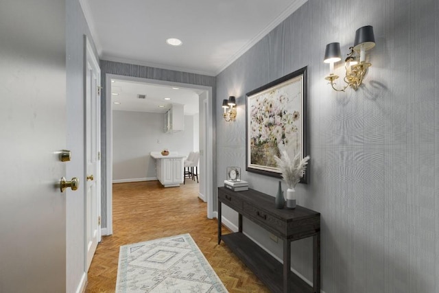 hall featuring crown molding and parquet floors