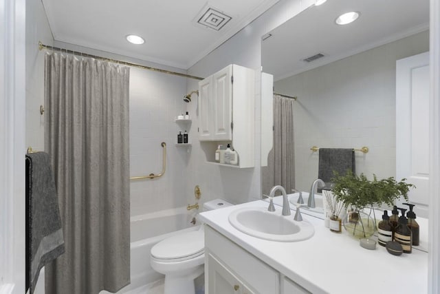 full bathroom featuring vanity, crown molding, toilet, and shower / bath combo