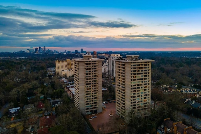 view of aerial view at dusk