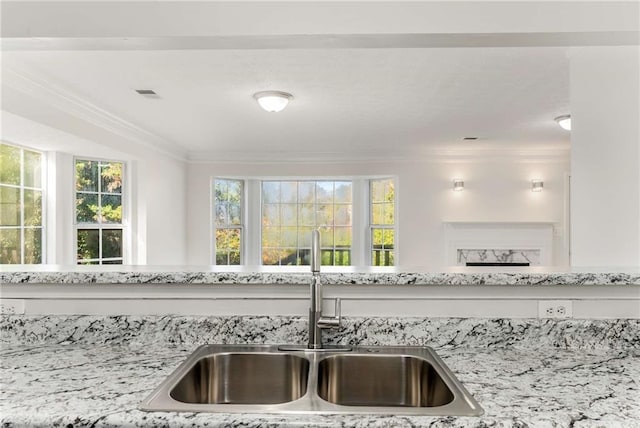 details featuring ornamental molding, visible vents, a sink, and light stone countertops