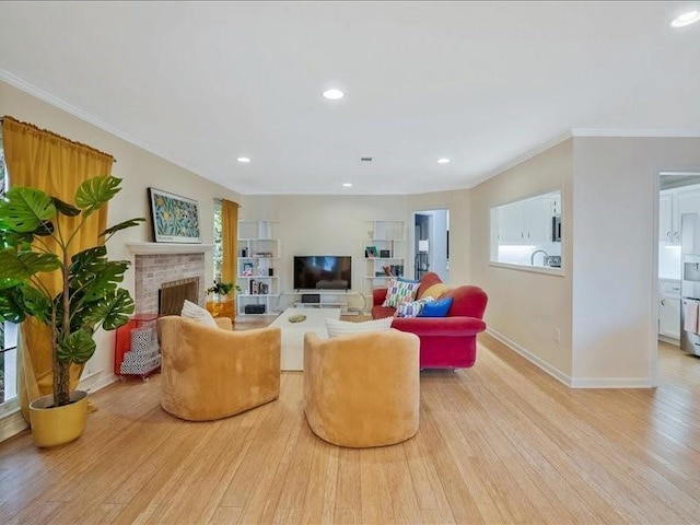 212 Abingdon Way, Atlanta, GA 30328 - living area with ornamental molding, wood finished floors, plenty of natural light, a brick fireplace, and baseboards