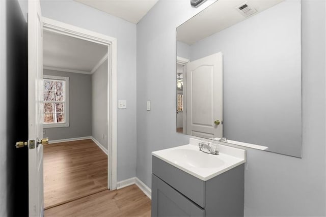 bathroom with crown molding, vanity, and wood-type flooring