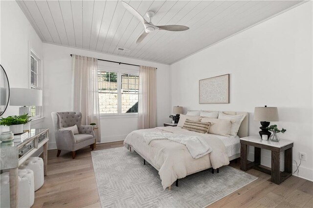 bedroom with ceiling fan, light hardwood / wood-style flooring, and wooden ceiling