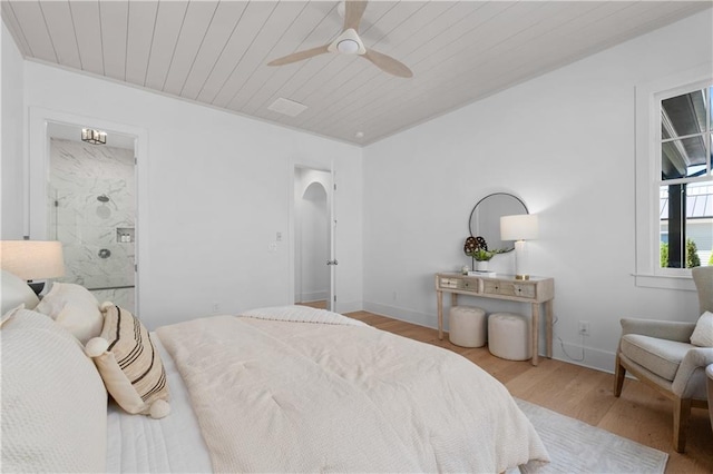 bedroom featuring wood ceiling, ceiling fan, and light hardwood / wood-style floors