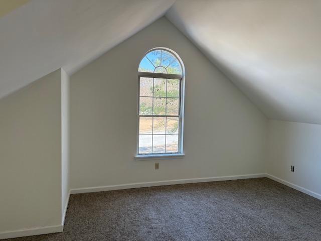 bonus room featuring dark carpet, a healthy amount of sunlight, and vaulted ceiling