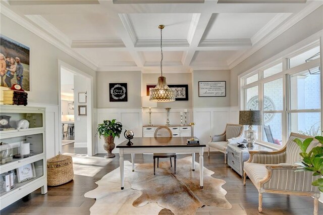 office with beam ceiling, dark wood-type flooring, crown molding, and coffered ceiling