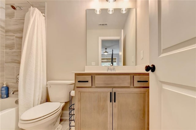 full bathroom with toilet, vanity, and shower / bathtub combination with curtain