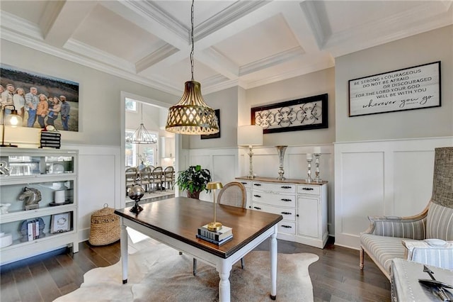 office area with dark wood-type flooring, crown molding, coffered ceiling, and beamed ceiling