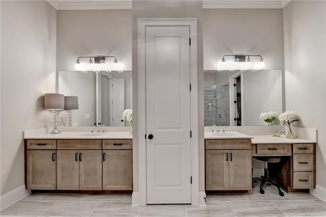 bathroom featuring a shower with door, crown molding, and vanity