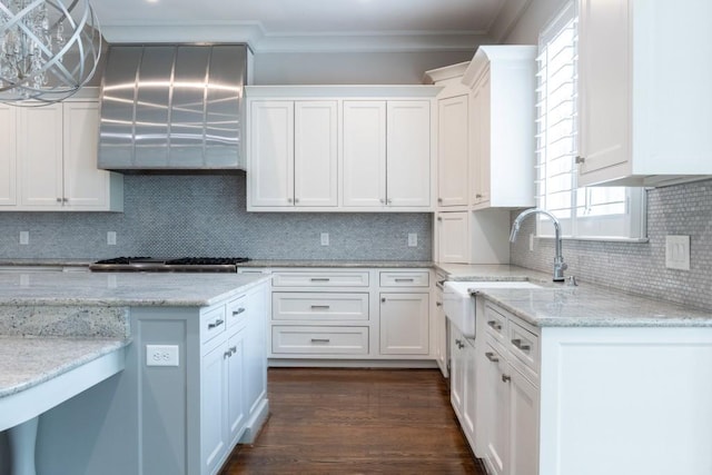 22 Mount Paran Rd, Atlanta, GA 30327 - kitchen featuring a sink, crown molding, white cabinetry, decorative backsplash, and plenty of natural light