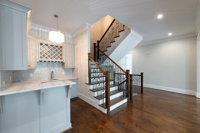 22 Mount Paran Rd, Atlanta, GA 30327 - staircase featuring baseboards, wood finished floors, ornamental molding, wet bar, and recessed lighting