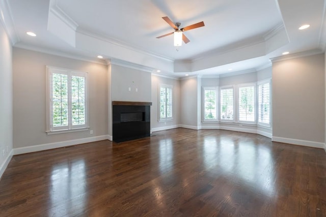 22 Mount Paran Rd, Atlanta, GA 30327 - unfurnished living room featuring a raised ceiling, a glass covered fireplace, dark wood-style floors, ceiling fan, and recessed lighting