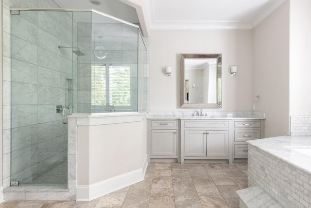 22 Mount Paran Rd, Atlanta, GA 30327 - bathroom with crown molding, vanity, and a shower stall