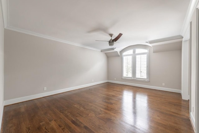 22 Mount Paran Rd, Atlanta, GA 30327 - empty room with ceiling fan, dark wood-style floors, baseboards, ornamental molding, and lofted ceiling