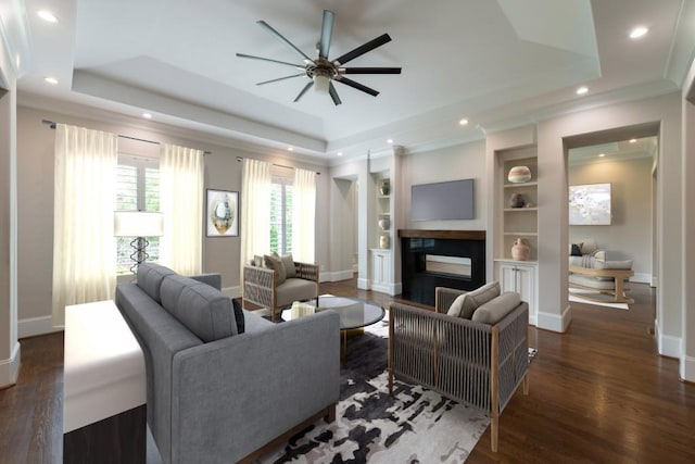 22 Mount Paran Rd, Atlanta, GA 30327 - living room with a raised ceiling, a fireplace, wood finished floors, ceiling fan, and recessed lighting