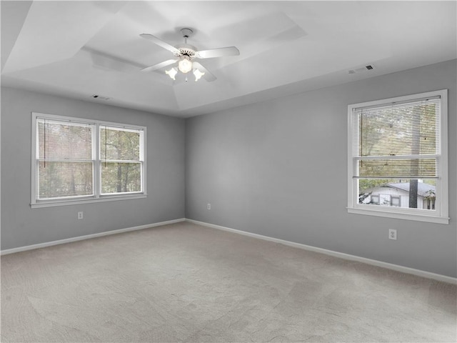 spare room with light colored carpet, a tray ceiling, and a healthy amount of sunlight