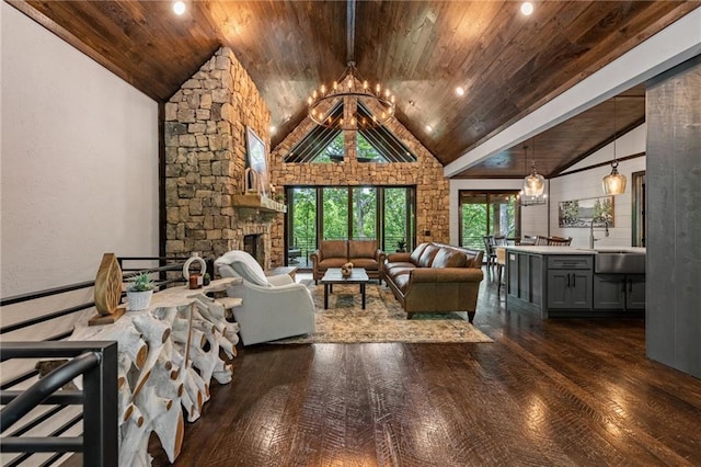 453 Settlers Ridge Rd, Ellijay, GA 30540 - living room featuring dark wood finished floors, wooden ceiling, a chandelier, high vaulted ceiling, and recessed lighting