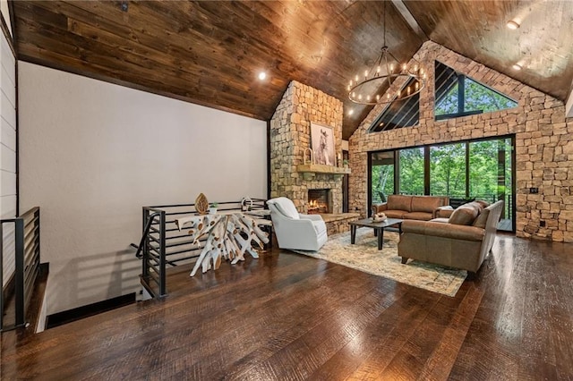 453 Settlers Ridge Rd, Ellijay, GA 30540 - living area with a wooden ceiling with exposed beams, a chandelier, a fireplace, high vaulted ceiling, and wood finished floors