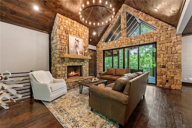 453 Settlers Ridge Rd, Ellijay, GA 30540 - living room featuring wood ceiling, high vaulted ceiling, wood-type flooring, a fireplace, and a chandelier