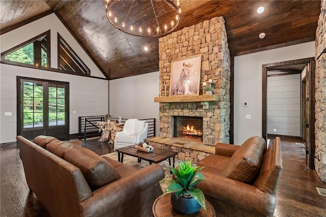 453 Settlers Ridge Rd, Ellijay, GA 30540 - living area featuring hardwood / wood-style flooring, wooden ceiling, a stone fireplace, and high vaulted ceiling