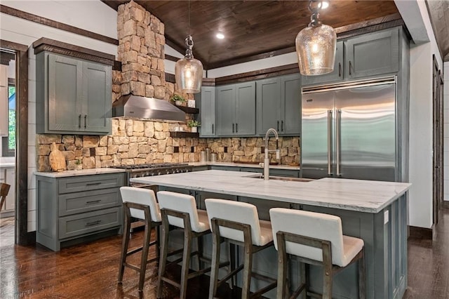 453 Settlers Ridge Rd, Ellijay, GA 30540 - kitchen featuring stainless steel appliances, gray cabinets, wooden ceiling, tasteful backsplash, and light stone countertops